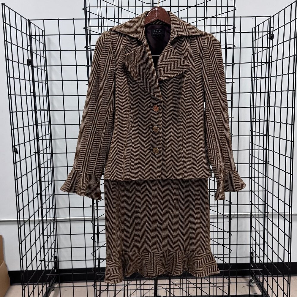 David Meister Brown Wool Blend Suit with Flared Peplum Skirt & Cuffs Size 4